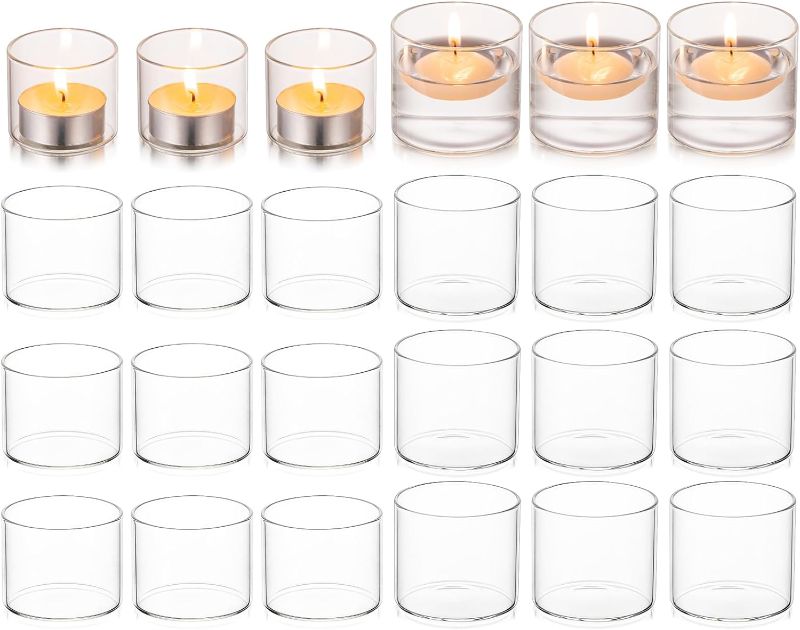 Photo 1 of Hewory Tea Lights Candle Holder: 24 Pcs Glass Votive Candle Holders Clear Tealight Candle Holder Bulk for Wedding Centerpiece Table Decorations, Small Floating Candles Holder for Party Home Decor
