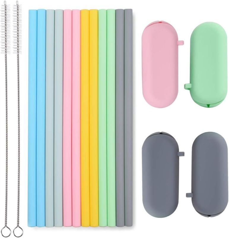 Photo 1 of Sunseeke Silicone Straws Reusable - Odorless, 12 Standard Drinking Straws, 4 Carry Pouch, 2 Cleaning Brushes, Certificated Food Grade Platinum Silicone - 8 1/2" Long

