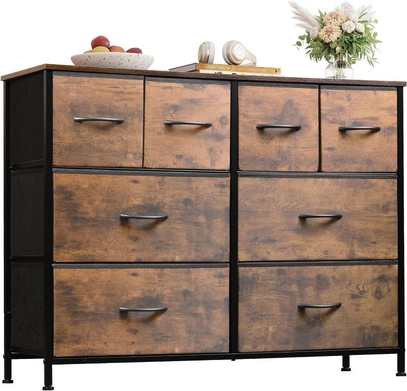 Photo 1 of WLIVE Dresser for Bedroom with 8 Drawers, Wide Fabric Dresser for Storage and Organization, Bedroom Dresser, Chest of Drawers for Living Room, Closet, Entryway, Rustic Brown Wood Grain Print
