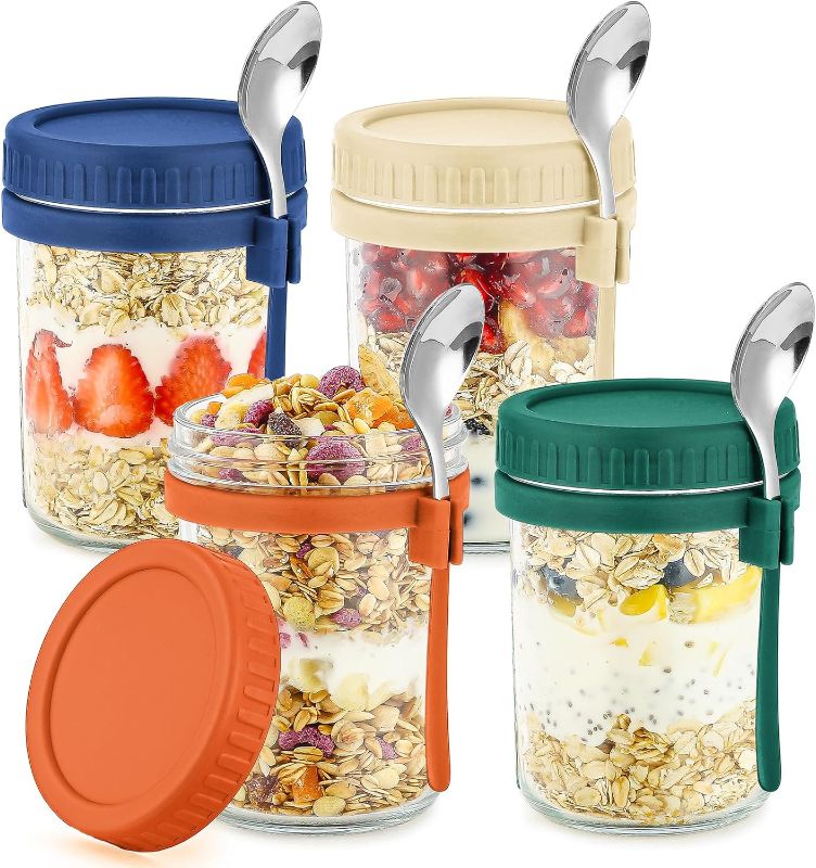 Photo 1 of 4 Pack Glass Overnight Oats Containers with Lids and Spoons 16 Oz Mason Jars for Overnight Oats Jars Leak Proof Oatmeal Container Meal Prep Jar for Cereal Fruit Vegetable Milk Salad Yogurt
