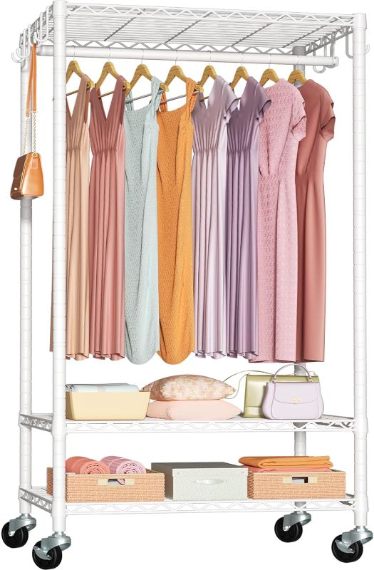 Photo 1 of P6 Rolling Clothes Rack Heavy Duty, Clothing Racks for Hanging Clothes, Freestanding Garment Rack with Wheels, Portable Closet Rack Max Load 380 LBS, 35.5'' W x 14'' D x 74.6'' H, White
