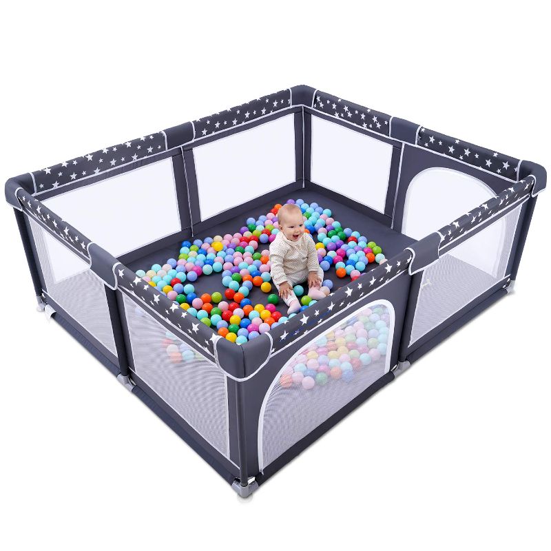 Photo 1 of Baby Playpen, ANGELBLISS Playpen for Babies and Toddlers, Extra Large Play Yard with Gate, Indoor & Outdoor Kids Safety Play Pen Area with Star Print (Dark Grey, 71"×59")
