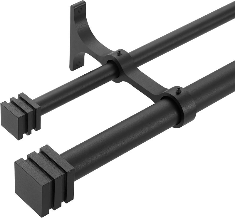 Photo 1 of Double Curtain Rods with Aluminum Full Surround Brackets and Cube Box Finials,Matte Black Curtain Rods for Windows 72 to 144 inch,1'' Front and 5/8''Back Adjustable Double Drapery Rods
