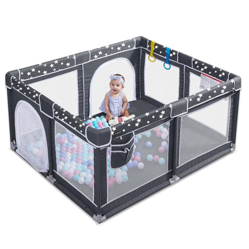 Photo 1 of ANGELBLISS Baby Playpen, Large Baby Playard, Play Pens for Babies and Toddlers with Gate, Indoor & Outdoor Play Area for Infants, Kids Safety Play Yard with Star Print (Dark Grey, 50"×50")
