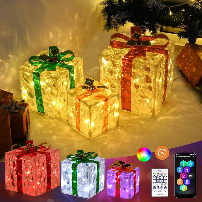 Photo 1 of Christmas Lighted Gift Boxes (10") with Remote Control?Set of 3 Smart Luxury Present Boxes for Indoor Outdoor Christmas Decorations in Yard, Tree, Home, Porch(Pink,Blue,White
