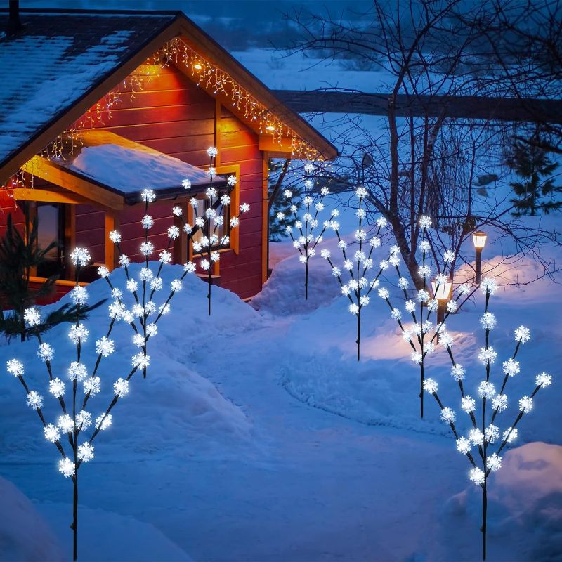 Photo 1 of 8 Pack Christmas Snowflake Solar Pathway Lights, Garden Stake Lights Outdoor Waterproof, 160LED White Snowflake Tree Lights Landscape Lights for Christmas Garden Patio Lawn Yard Decorations
