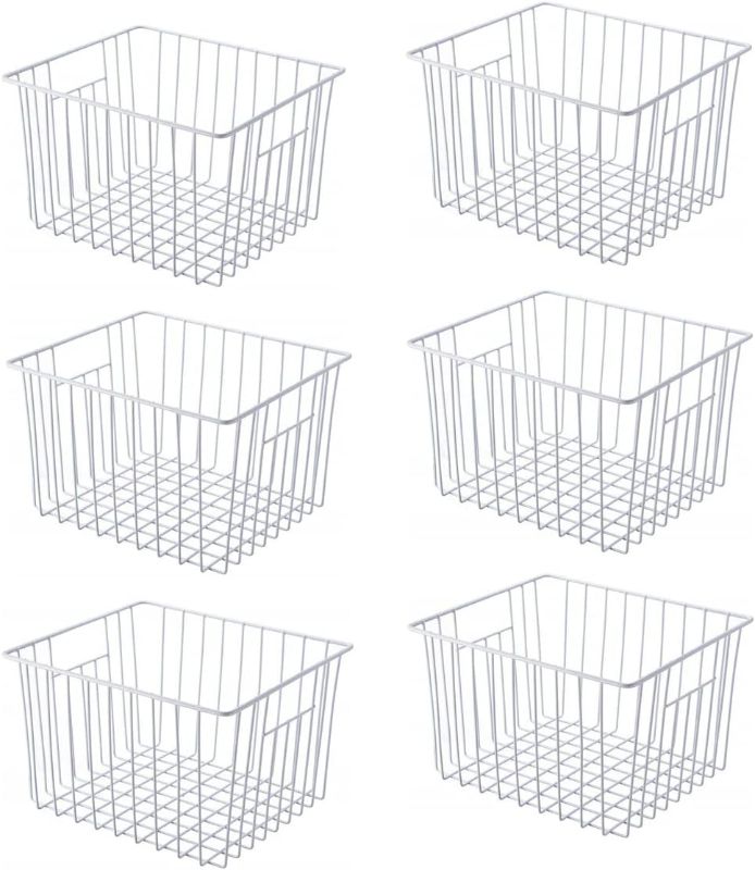 Photo 1 of Freezer Basket Organizer, Refrigerator Metal Wire Storage Divider, Household Container Bins with Handles for Kitchen, Pantry, Cabinet, Closets - Pearl White (6, 11in x 10in x 5.5in)
