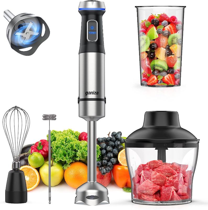 Photo 1 of Ganiza Immersion Blender 5 in 1 Hand Blender 800W Heavy Duty Motor, 15 Speed and Turbo Mode Handheld Blender Stainless Steel Blade With 800ml Mixing Beaker, 600ml Chopper, Whisk and Milk Frother
