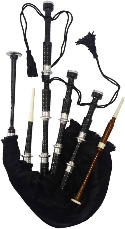 Photo 1 of New Black Scottish Bagpipe Silver Mount Velvet Bag Cord Highland F Size with Carry Bag
