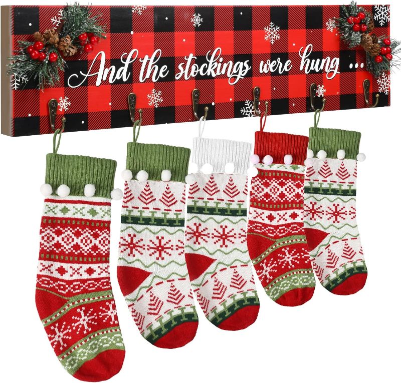 Photo 1 of Extra Large Wooden Christmas Stocking Holder with 6 Hangers The Stockings were Hung Christmas Mantel Sign Buffalo Plaid Red Berries Xmas Wall Hanging Sign for Christmas Indoor Holiday Decor
