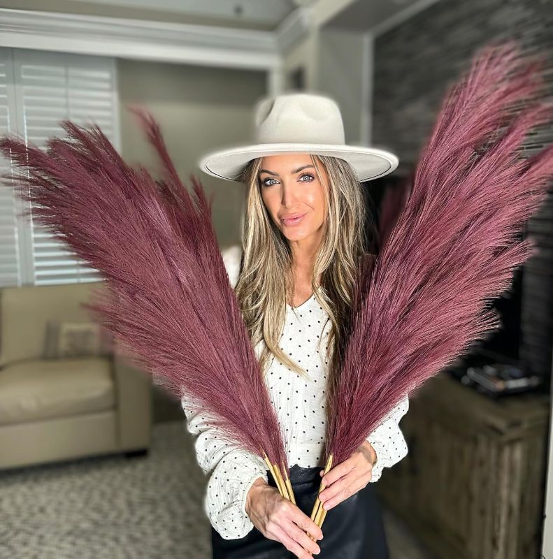 Photo 1 of 2Bffs- Tall Rich Burgundy Pampas Faux Grass, 44" 3 Large Stems, 18 Forks Full & Fluffy Branches- Artificial Boho Flowers, Vase Fillers, Pompous, Modern Farmhouse Room Decor, Custom Color
