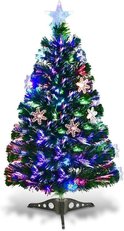 Photo 1 of Goplus 3FT Pre-Lit Fiber Optic Artificial Christmas Tree, with Multicolor Led Lights and Snowflakes (3 FT)
