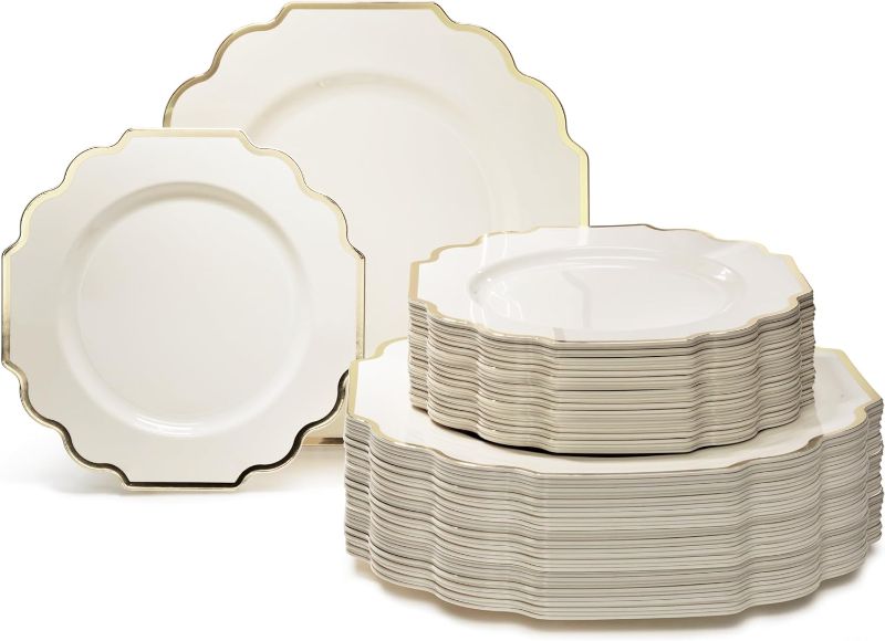 Photo 1 of " OCCASIONS " 120 Plates Pack,(60 Guests) Heavyweight Wedding Party Disposable Plastic Plates Set -60 x 10.5'' Dinner + 60 x 8'' Salad/Dessert Plate (Imperial Ivory and Gold)

