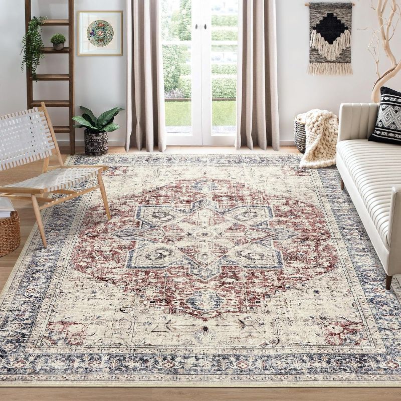 Photo 1 of Area Rug Living Room Rugs - 9x12 Washable Boho Rug Vintage Oriental Distressed Farmhouse Large Thin Indoor Carpet for Living Room Bedroom Under Dining Table Home Office - Red Blue
