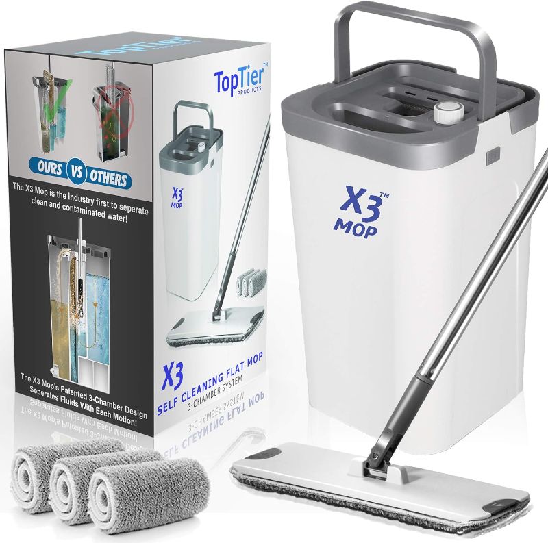Photo 1 of X3 Mop, Separates Dirty and Clean Water, 3-Chamber Design, Flat Mop and Bucket Set, Hands Free Home Floor Cleaning, 3 Reusable Microfiber Mop Pads Included
