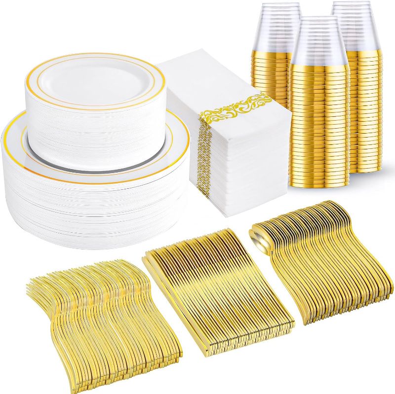 Photo 1 of 350 Pcs Gold Dinnerware Set, Plastic Plates Disposable for 50 Guests Include:50 Gold Rim Dinner Plates, 50 Gold Dessert Plates, 50 Paper Napkins, 50 Cups, 50 Gold Silverware Set Perfect for Party
