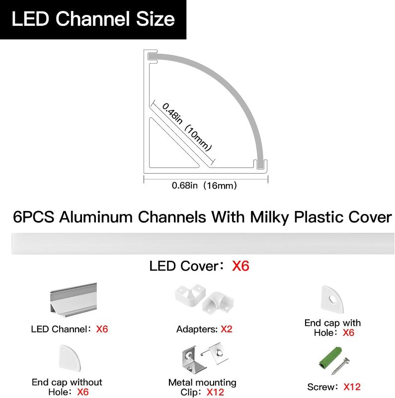 Photo 2 of 6-Pack 3.3FT/1Meter V Shape LED Channel Diffuser System with Milky Cover,Corner Connector,End Caps and Mounting Clip,Aluminum Profile for LED Strip Light Installations,Easy Cut and Installed.
