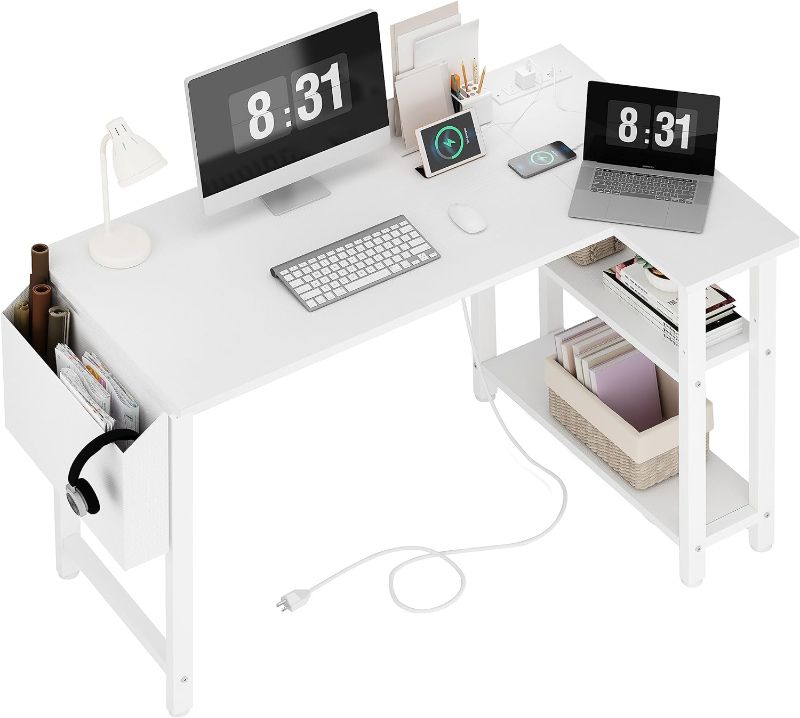 Photo 1 of Lufeiya White L Shaped Computer Desk with Power Outlet Shelves, 40 Inch Small Corner Desk for Small Space Home Office, L-Shaped Desk PC Desks, White

