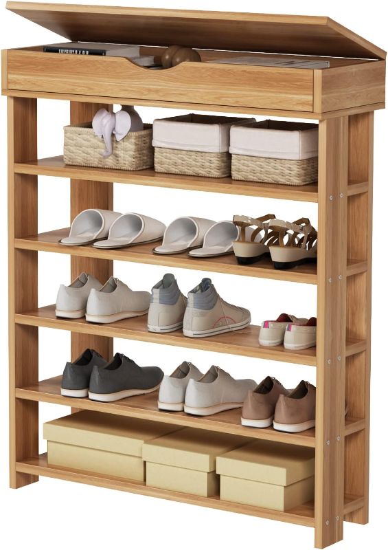 Photo 1 of sogesfurniture 29.5 inches Wooden Shoe Rack with Storage Compartment, 5-tier Free Standing Shoe Storage Shelf Shoe Organizer for Entryway, Living Room, Hallway, Doorway (Teak)
