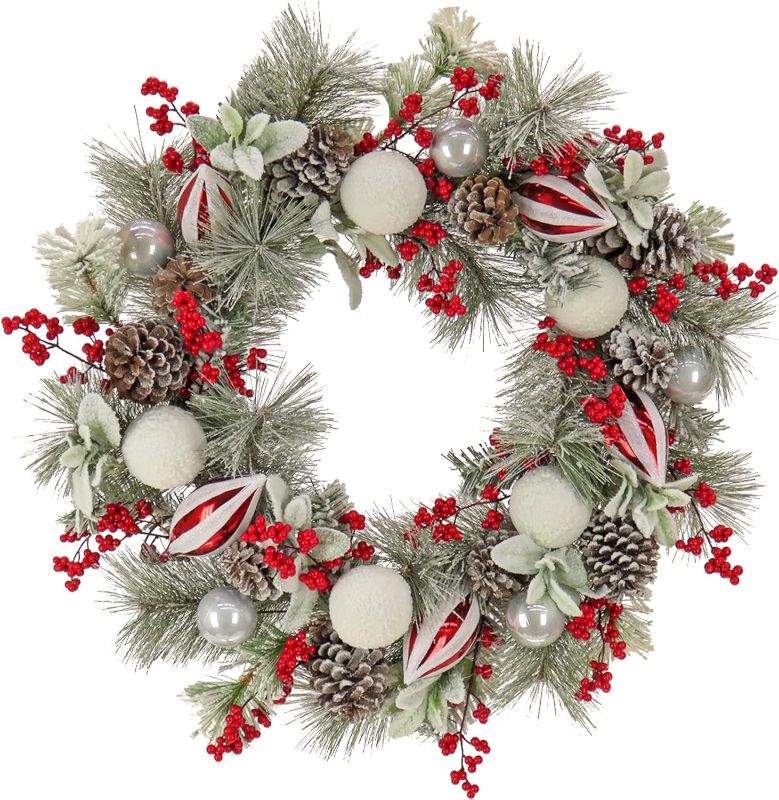 Photo 1 of HGTV Home Collection Frosted Traditions Unlit Artificial Christmas Wreath, Snow-Dusted Mixed Branch Tips, Woven Branch Ring Base, Unlit, 28 Inches
