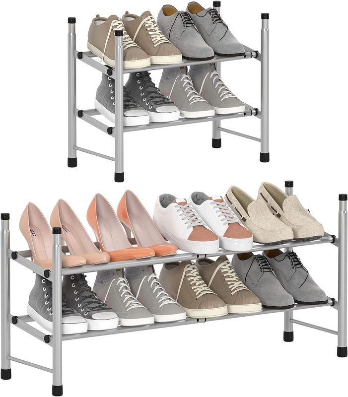 Photo 1 of TZAMLI 2-Tier Free Standing Shoe Rack Metal Iron of Expandable and Adjustable Shoes Organizer, Stackable Shoe Shelf for Closet Entryway Doorway (Silver Gray, 2-Tier-Small)
