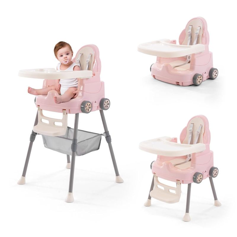 Photo 1 of High Chairs for Babies and Toddlers, Portable 3 in 1 High Chair, Adjustable Convertible Compact Infant Baby Feeding Chair Booster with Detachable Double Tray, 5 Point Harness, Foot Rest Pink
