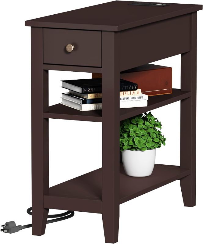 Photo 1 of ChooChoo Narrow End Table with Charging Station, Side Table Living Room with USB Ports & Power Outlets and Hidden Drawer, 3-Tier Skinny Nightstand with 2 Open Storage Shelves For Small Place(Espresso)
