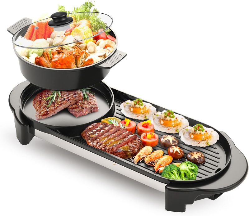 Photo 1 of 2 in 1 Electric Smokeless Grill and Hot Pot, 2200W Removable Hotpot Pot, Large Capacity Baking Tray, Non-Stick Skillet Pan, Dual Adjustable Temperature, 1-6 People

