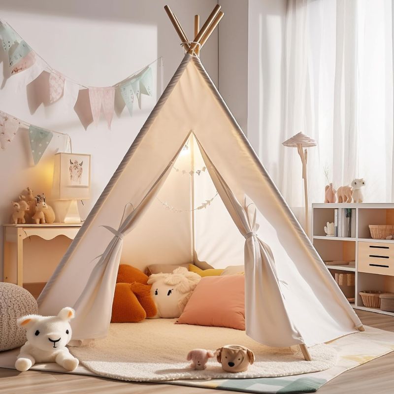 Photo 1 of Teepee Tent for Kids, Cotton Kids Tent Indoor, Sleepover Play Tent, Kids Teepee Tent, Party Tents for Kids Indoor for Parties, Teepee Tent for Boys, with Wooden Poles for Kids 3,4,5,6,7,8,9
