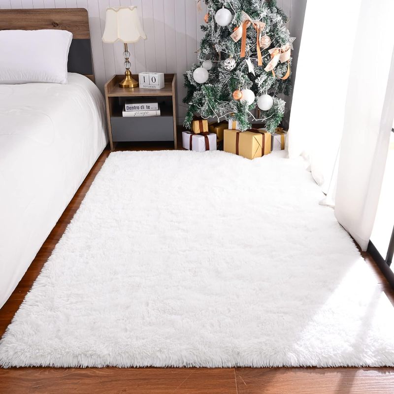 Photo 1 of M Fluffy Shag Bedroom Rug, 4x6 Feet White Area Rugs for Living Room Nursery Bedside, Fuzzy Plush Dorm Rug for Girls Kids, Furry Carpet for Indoor Modern Soft Home Decor
