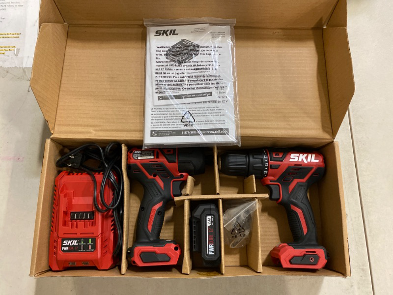 Photo 2 of SKIL 2-Tool Drill Combo Kit: PWR CORE 12 Brushless 12V 1/2" Cordless Drill Driver & Brushless 1/4" Hex Cordless Impact Driver, Includes 2.0Ah Lithium Battery & PWR JUMP Charger - CB742901, Red
