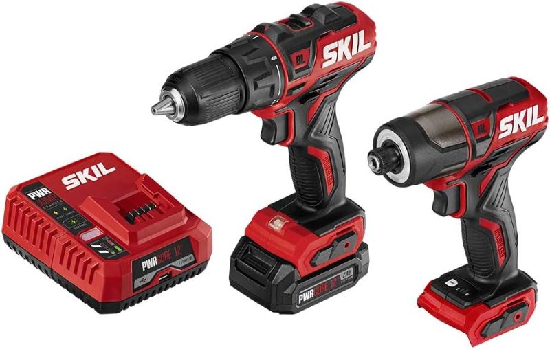 Photo 1 of SKIL 2-Tool Drill Combo Kit: PWR CORE 12 Brushless 12V 1/2" Cordless Drill Driver & Brushless 1/4" Hex Cordless Impact Driver, Includes 2.0Ah Lithium Battery & PWR JUMP Charger - CB742901, Red
