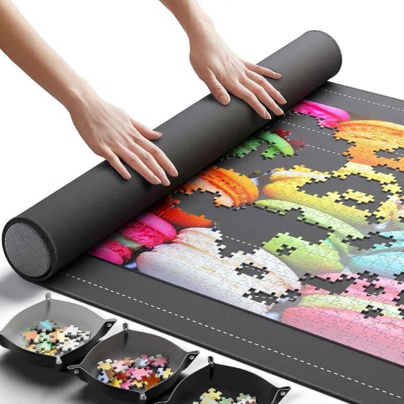 Photo 1 of Newverest Jigsaw Puzzle Mat Roll Up, Saver Pad 46” x 26” Portable Keeper Up to 1500 pieces with Non-Slip Rubber Bottom and Smooth Polyester Top + 3 Puzzle Sorting Trays and Travel-Friendly Storage Bag
