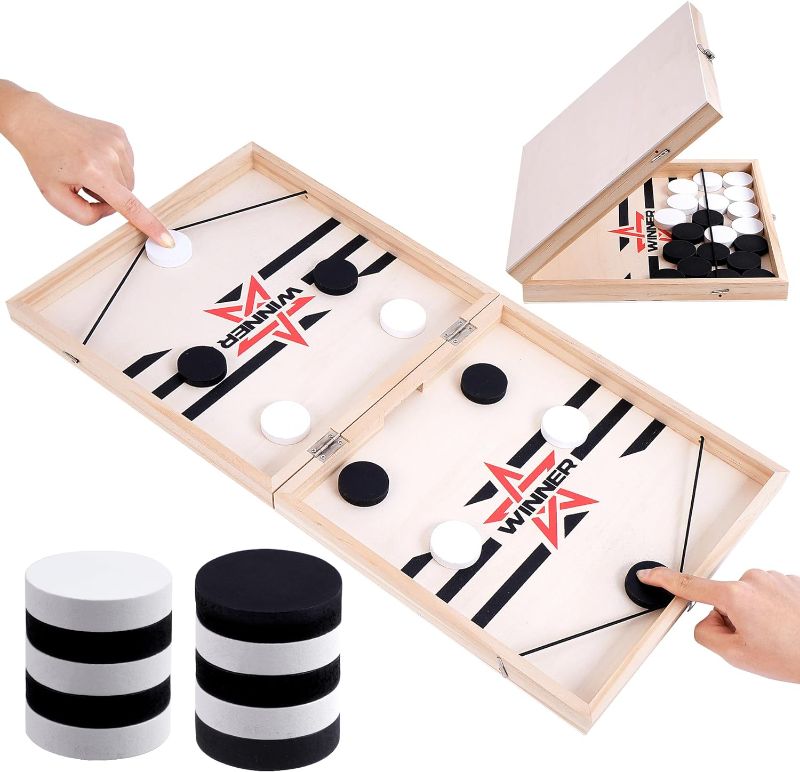 Photo 1 of Foldable Large Fast Sling Puck Game, 22.8" Fast Paced Wooden Hockey Slingshot Battle Games Toy for Adults Child, Table Desktop Battle Table Game, Family Party Foosball Winner Board Games Kid Toys
