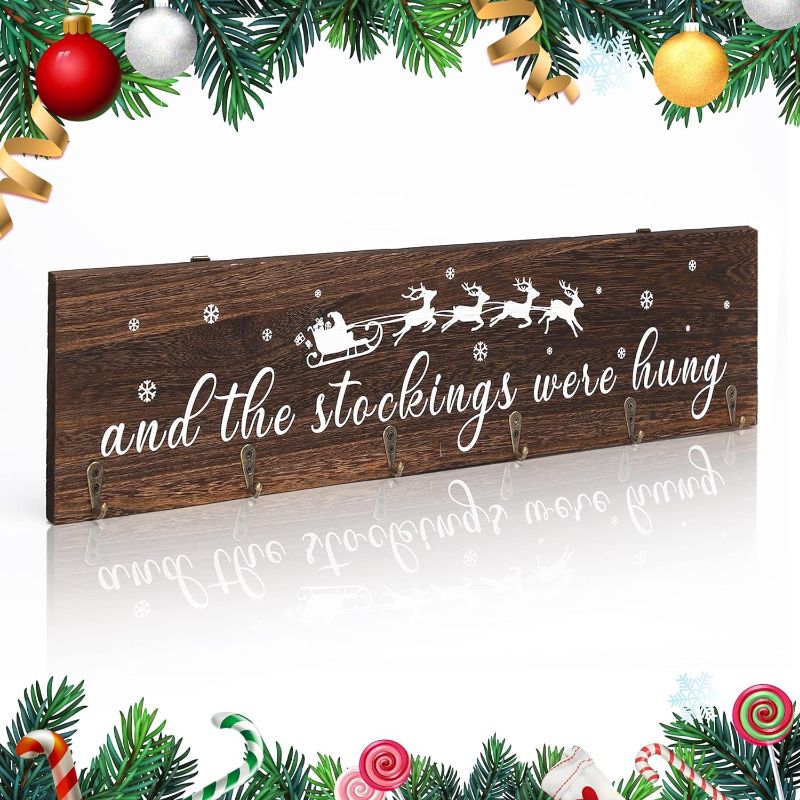 Photo 1 of KORMMCO Christmas Stocking Holder, The Stocking were Hung Wood Hanging Sign, Stocking Holder for Wall, Xmas Stocking Holder with 6 Hangers for Fireplace Mantel, 24in
