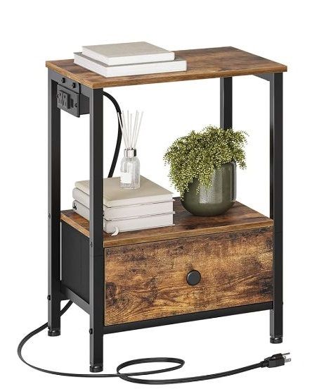 Photo 1 of 1 pc  End Table Nightstand with Charging Station and USB Ports, Side Table with Drawer and Storage Shelves, Industrial Bedside Table, for Living Room, Bedroom, Rustic Brown ET01L2BR
