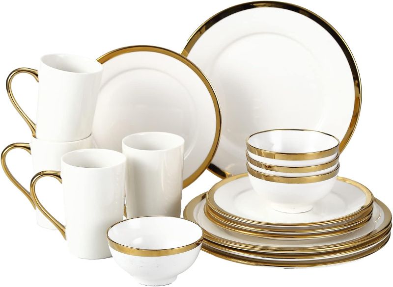 Photo 1 of White Porcelain Dinnerware Sets 16 Piece Service for 4, Dishes, Round Plates, Bowls, White and Golden Rim
