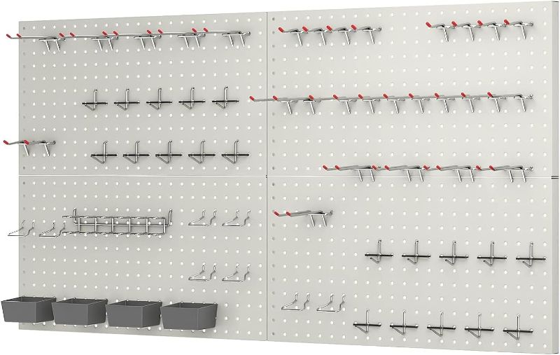 Photo 1 of 48x24 Inch Gray Metal Pegboard Kit for Wall Organization with Hooks, Garage Storage Bins, and Utility Tool Board – Efficient Panel Tool Organizer.
