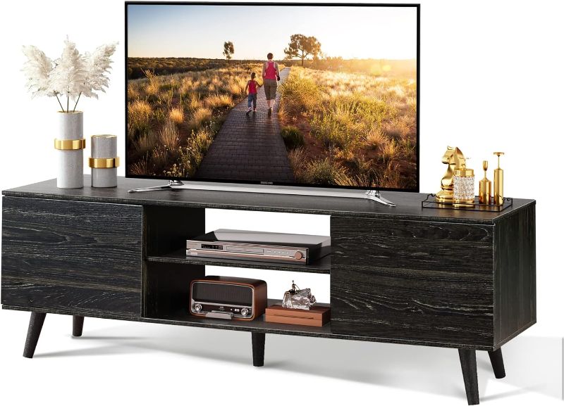 Photo 1 of WLIVE TV Stand for 55 60 inch TV, Modern Entertainment Center with Storage Cabinets, Mid Century TV Console Table for Bedroom, TV Stand for Living Room, Charcoal Black
