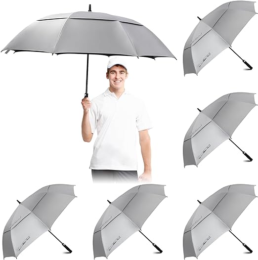 Photo 1 of 5 Pcs 62 Inch Golf Umbrella Bulk Large Silver Sun Umbrellas UV Protection Oversized White Wedding Umbrellas with Double Canopy Vented Automatic Open Waterproof Stick Umbrella
