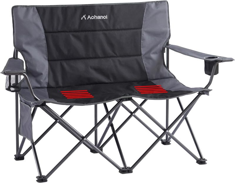 Photo 1 of Heated Camping Chair, Camping Chairs for Heavy People, Outdoor Double Oversize Loveseat Camping Chairs with Extra Wide Seats for Adults, Folding Chair Supports up to 350 LBS x2, Black
