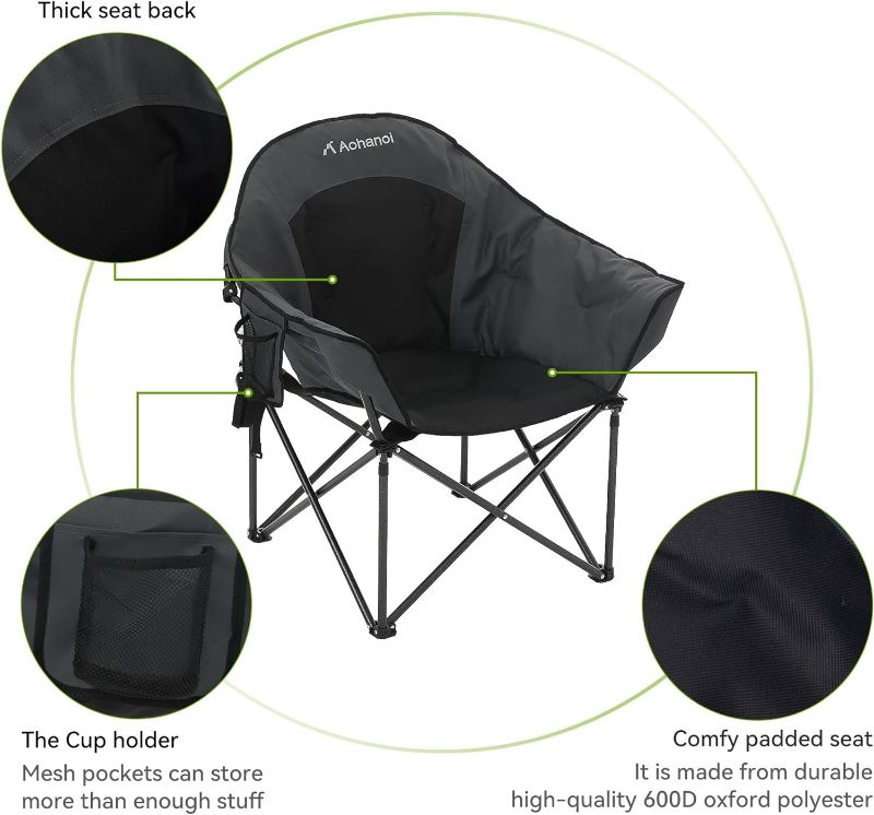 Photo 1 of Aohanoi Camping Chairs, Camping Chairs for Heavy People, Oversized Outdoor Folding Moon Chairs with Extra Wide Seats, Lawn Chairs Folding Supports up to 350lbs, Black