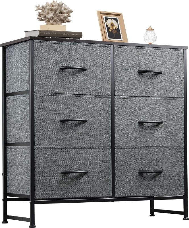 Photo 1 of WLIVE Fabric Dresser for Bedroom, 6 Drawer Double Dresser, Storage Tower with Fabric Bins, Chest of Drawers for Closet, Living Room, Hallway, Dark Grey
