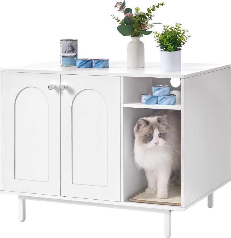 Photo 1 of Cat Litter Box Enclosure, Hidden Litter Box Furniture, Wooden Pet House Side End Table, Storage Cabinet Bench for Living Room, Bedroom, 31.5 x 19.7 x 23.9 inches, White CB01513W
