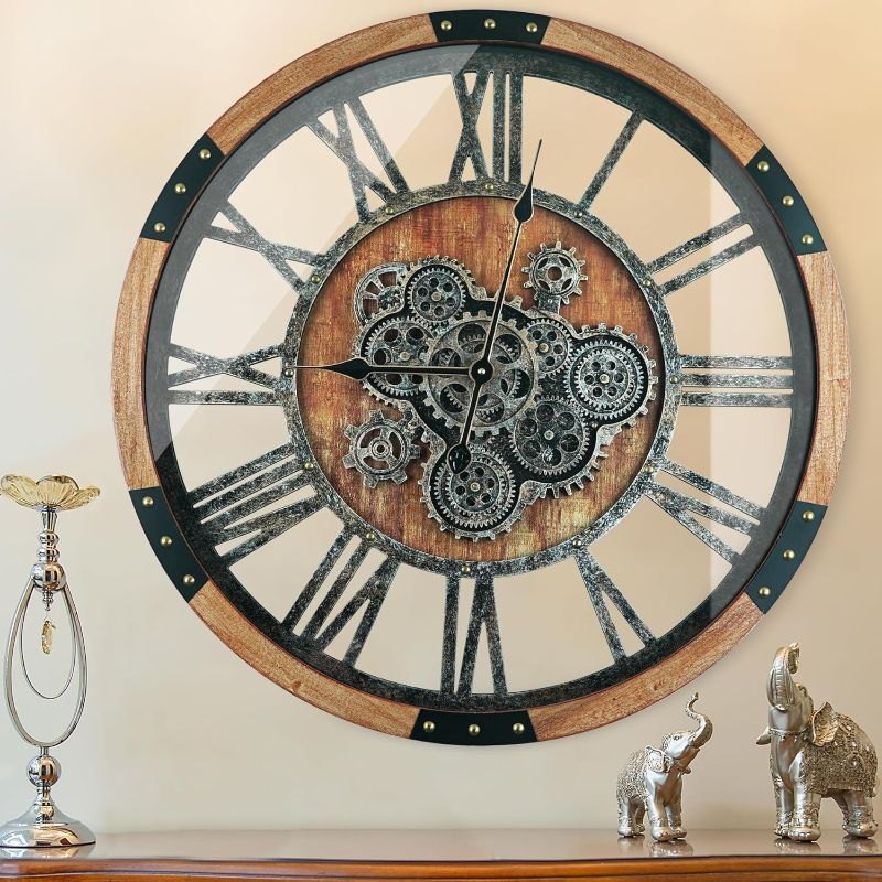 Photo 1 of 27 Inch Moving Gear Wall Clock, Oversized Wall Clocks, Clock Living Room Decor, Solid Wood Frame, Battery Operated, Large Wall Clock with Steampunk Industrial for Fireplace(Brown)
