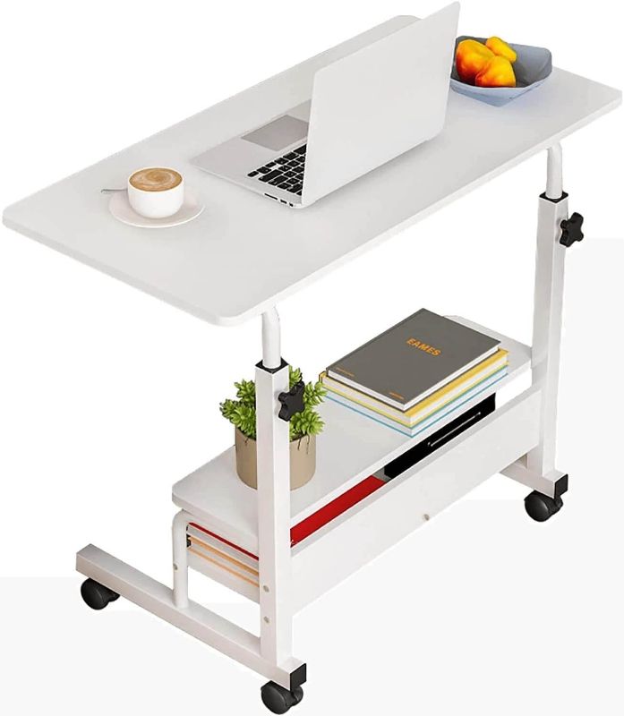 Photo 1 of Adjustable Height Mobile Computer Desk for Small Space Rolling Writing with Wheels Corner Home Office Study Portable Bedrooms Work Size 31.5x15.7 Inch Storage Gaming Table, White
