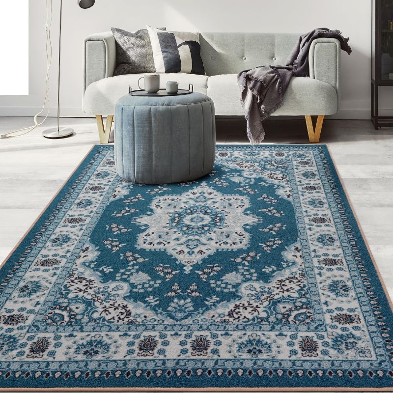 Photo 1 of Antep Rugs Alfombras Oriental Traditional 4x6 Non-Skid (Non-Slip) Low Profile Pile Rubber Backing Indoor Area Rugs (Turquoise Blue, 4' x 5'8")
