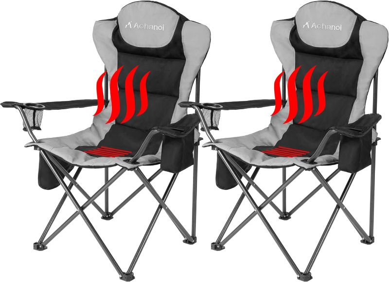 Photo 1 of Heated Camping Chair, 2 Pack Camp Chairs for Heavy People, Outdoor Folding Camping Chairs for Adults with Cup Holder & Cooler Bag, 350lbs (2 Pcs, Black)
