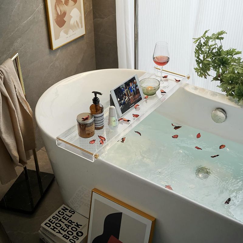 Photo 1 of Bathtub Tray Acrylic Bath Tray Bathtub Caddy Non-Slip Bath Tub Tray Table with Gold Brushed Handles
