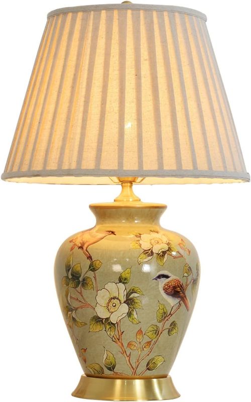 Photo 1 of American Flower and Bird Ceramic Table Lamp, Hand-Painted Chinoiserie Lamp, Fabric Lampshade Nightstand Lamp for Bedroom Living Room Office College Bookcase LED Bulbs Included
